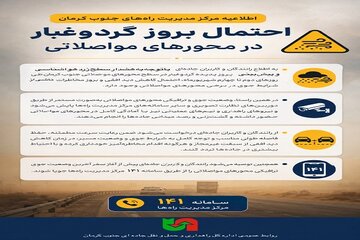 هشدار احتمال گردوغبار در محور های مواصلاتی جنوب کرمان