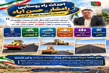 اطلاع نگاشت | احداث محور روستایی ورمال (رامشار_حسن آباد) شهرستان هامون به طول ۶ کیلومتر به صورت امانی / تحقق مطالبه دیرینه مردم