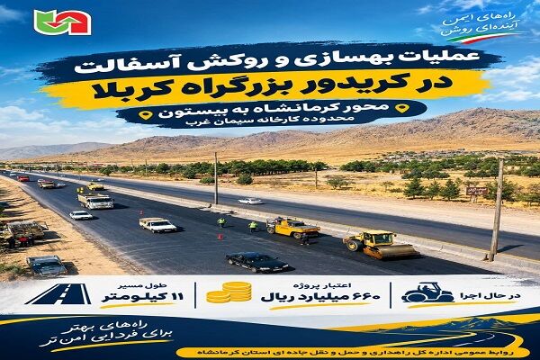 اطلاع نگاشت| عملیات بهسازی و روکش آسفالت در کریدور بزرگراه کربلا محور کرمانشاه به بیستون محدوده کارخانه سیمان غرب به طول ۱۱ کیلومتر
