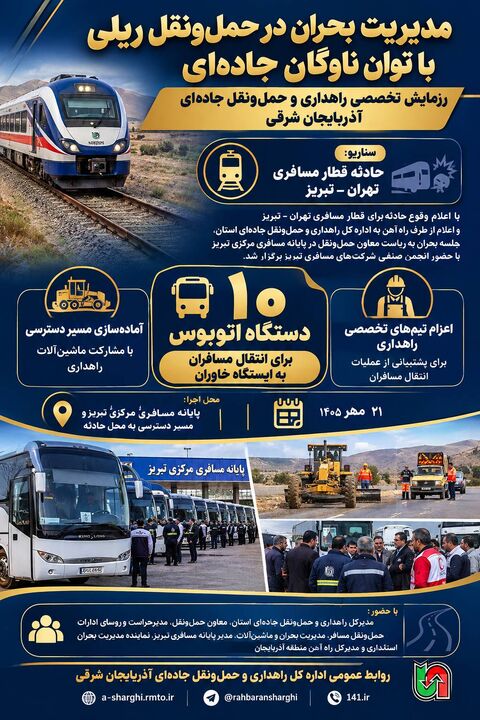 اطلاع‌نگاشت|برگزاری رزمایش  تخصصی حوزه راهداری وحمل ونقل جاده ای آذربایجان شرقی بامحوریت انتقال مسافرین قطارحادثه دیده توسط ناوگان مسافری استان